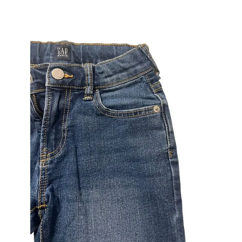 GAP Denim Stretch Straight Jeans Boys Size 7 Distressed Dark Wash Excellent very